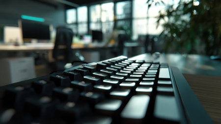 A close-up shot of a modern keyboard surrounded by a vibrant office environment highlights technology and workspace aesthetics. Natural lighting enhances the scene.の素材