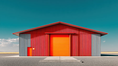 This image showcases a striking modern warehouse featuring a bold red and gray exterior with a vivid orange roller door, set against a clear blue sky.の素材