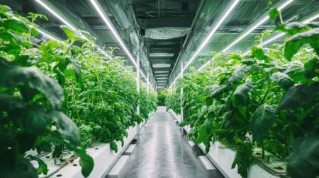 Experience the vibrant growth of indoor hydroponic farming, showcasing lush green plants thriving under bright LED lights in a modern agricultural setting, emphasizing sustainability.の素材