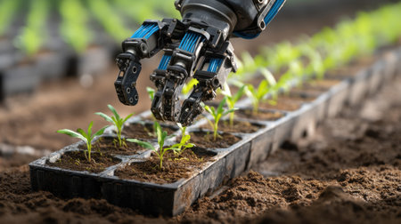 A robotic arm meticulously plants seeds in a greenhouse, showcasing the blend of technology and agriculture for sustainable farming solutions.の素材
