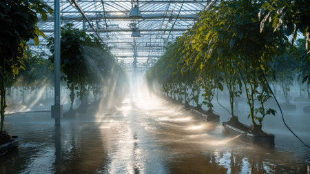 A serene greenhouse scene featuring vibrant plants thriving under beams of sunlight mixed with gentle mist, showcasing modern hydroponic techniques.の素材