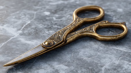 A beautifully crafted vintage pair of scissors rests on a marbled surface, showcasing intricate designs and a luxurious metallic finish that enhance any workspace.の素材