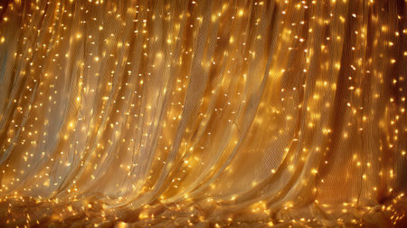 Capture the enchanting beauty of soft golden fairy lights draped on sheer fabric, creating a magical atmosphere perfect for events and home decor.の素材