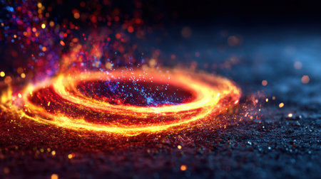A mesmerizing fiery circle radiates light and color, surrounded by sparkling particles on a dark textured surface, creating a stunning visual effect.の素材