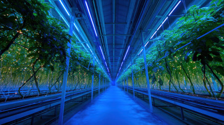 Explore a stunning interior of a futuristic greenhouse featuring vibrant vegetation illuminated by blue neon lights, showcasing innovation in sustainable agriculture.の素材