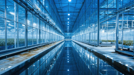 This image showcases a modern greenhouse featuring a reflective water surface, bright lighting, and vibrant plant growth, emphasizing advanced agricultural technology and a controlled environment for optimal cultivation.の素材