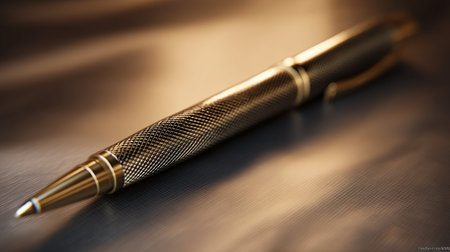 Close-up view of an elegant gold pen with a textured grip, resting on a smooth surface, ideal for writing tasks in business or personal settings.の素材