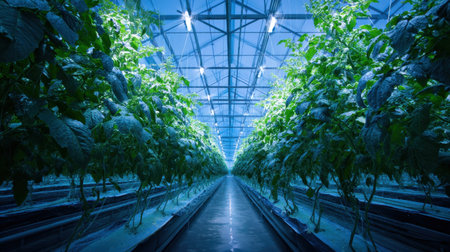 Explore the serene beauty of an indoor greenhouse filled with vibrant plants, benefiting from modern hydroponics and efficient LED grow lights.の素材