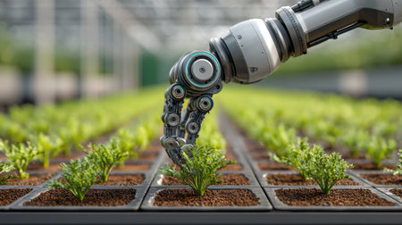 A robotic arm meticulously cares for young seedlings in a modern greenhouse, showcasing the integration of technology in sustainable farming methods.の素材