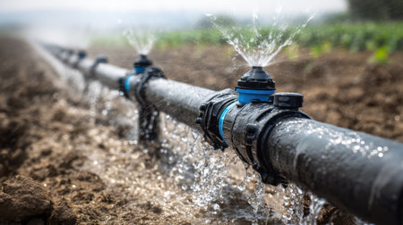 A close-up view of a water sprinkler system in action, showcasing effective irrigation practices in an agricultural setting. Water splashes effectively distribute moisture across the crops.の素材