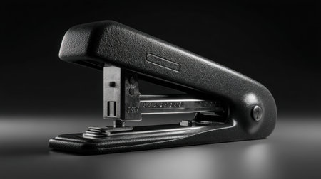 A sleek black stapler showcased against a dark background, featuring a smooth surface and light reflection, perfect for office or school use.の素材