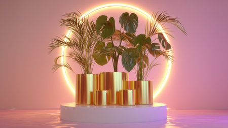 This image showcases a stunning arrangement of indoor plants in golden pots, illuminated by a vibrant neon circle. Ideal for modern decoration inspiration.の素材