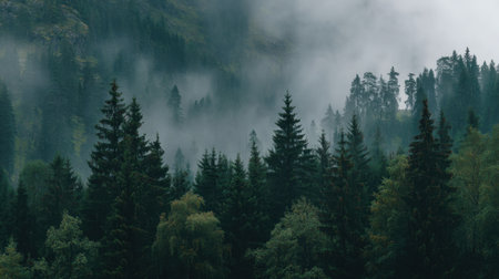 A captivating misty forest view featuring evergreen trees enveloped in soft fog, showcasing the serene beauty of nature's untouched wilderness.の素材