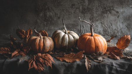 A captivating still life scene showcasing three distinct pumpkins in various colors placed among dried autumn leaves, creating a warm and inviting atmosphere.の素材