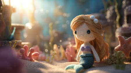 This charming handmade crochet mermaid doll rests amidst a beautiful underwater scene filled with colorful coral and soft lighting, perfect for whimsical art.の素材