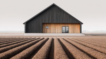A sleek modern house with a striking wooden facade stands alongside cultivated fields, offering a serene rural landscape under a clear sky.の素材