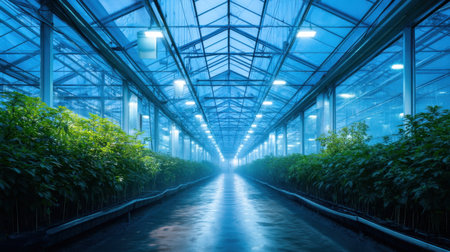 A breathtaking view of a greenhouse showcasing lush plants under bright blue lights, creating a serene atmosphere. The tranquil setting reflects innovation in agriculture.の素材