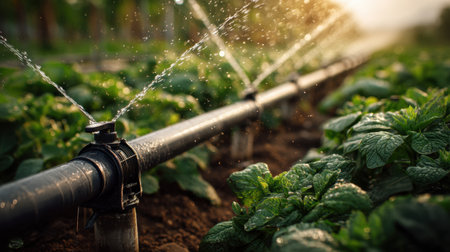 A close-up view of an irrigation system spraying water over green crops in a picturesque farm setting during golden hour, showcasing agricultural practices.の素材