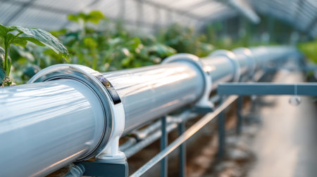 This image showcases a modern hydroponic system within a greenhouse, featuring a long pipe designed for optimal plant growth in sustainable agriculture.の素材