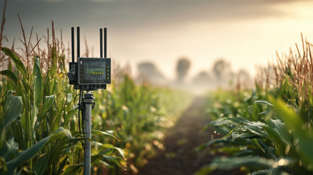 A wireless sensor station stands prominently in a cornfield at sunrise, surrounded by fog and tranquility, highlighting modern agricultural innovation and data collection methods.の素材