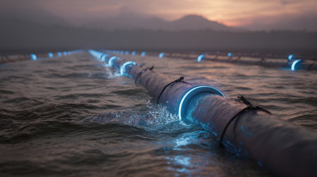 A captivating scene featuring a futuristic water pipeline illuminated by blue neon lights as it flows through calm waters, framed by distant mountains at dusk.の素材