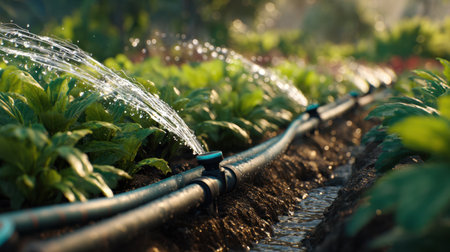 A close-up view of an efficient watering system in a lush vegetable garden shows sprinklers in action, nourishing the plants under the soft morning light.の素材