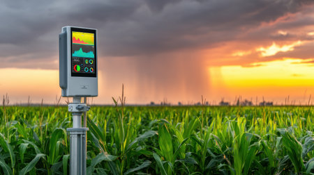 A modern sensor stands tall in a vibrant corn field, capturing data as a dramatic sunset illuminates the sky amidst storm clouds.の素材