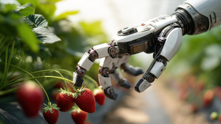 A robotic hand delicately reaches for ripe, red strawberries in a high-tech greenhouse, showcasing the fusion of technology and agriculture.の素材