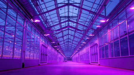 This image showcases a modern greenhouse interior, featuring spacious corridors illuminated by vibrant purple LED lights, ideal for indoor gardening.の素材