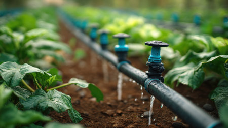 Close-up view of a modern irrigation system in a lush agricultural field, showcasing efficient water management techniques for healthy plant growth.の素材