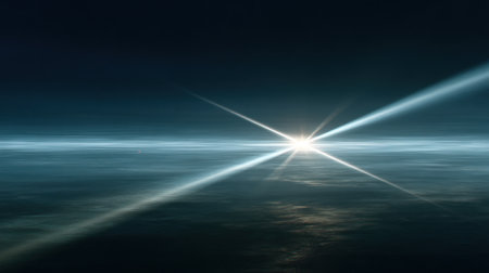 A breathtaking view of the horizon featuring captivating light rays that illuminate the still water under a darkening sky at dusk.の素材