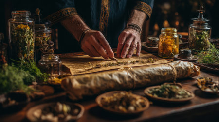 A skilled herbalist meticulously prepares natural remedies on a rustic wooden table, surrounded by jars of fresh herbs and spices, showcasing traditional craftsmanship and organic ingredients.の素材