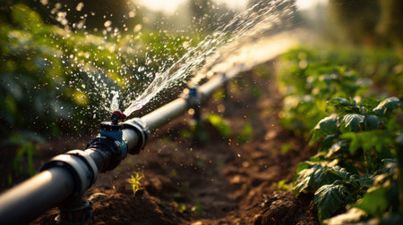 A close-up view of a sprinkler head efficiently watering healthy plants in a vibrant agricultural field under golden sunlight.の素材