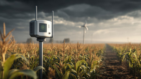 A modern sensor placed in a vibrant cornfield shows the intersection of technology and agriculture. A wind turbine stands in the background under a moody sky, highlighting sustainability in farming practices.の素材