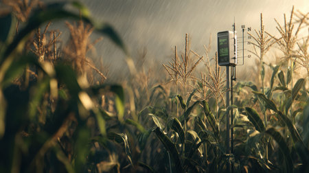 A weather station stands in a cornfield during a rainstorm, with a humidity gauge and sensor visible. The scene captures the interaction of technology and nature, showcasing the importance of weather monitoring in agriculture.の素材