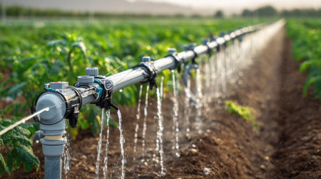 A modern irrigation system showcases pipes efficiently delivering water to lush green crops in a sunlit agricultural field, emphasizing sustainable farming practices.の素材