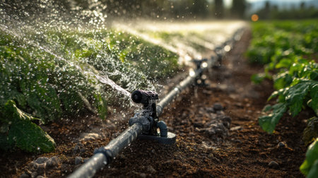 A dynamic close-up of a sprinkler system watering lush green crops on a sunny day, showcasing droplets glistening in the light.の素材