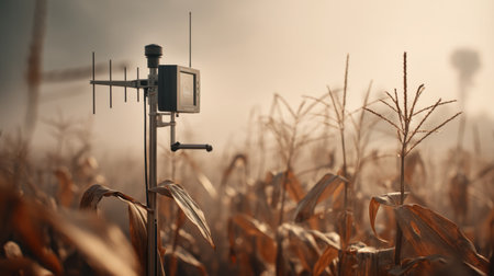 A modern sensor stands tall in a tranquil cornfield at sunrise, symbolizing advanced agricultural technology enhancing sustainable farming practices in rural landscapes.の素材