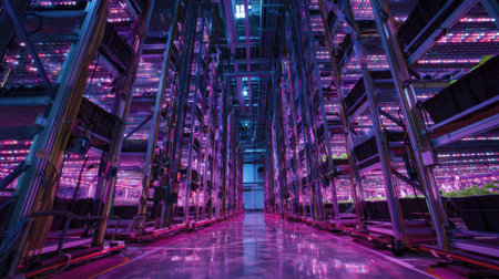 Explore a cutting-edge indoor vertical farming setup featuring vibrant LED lights that enhance plant growth. This innovative system showcases the future of sustainable agriculture and efficient food production in a controlled environment.の素材