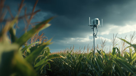 A weather station stands tall in a cornfield, surrounded by lush green crops, with a dramatic stormy sky overhead, showcasing the intersection of agriculture and technology.の素材