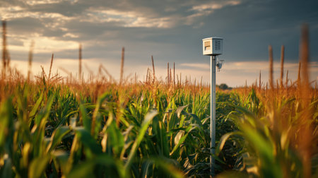 A weather station stands tall amidst a lush corn field during sunset, showcasing advanced technology for monitoring crop conditions and enhancing sustainable farming practices.の素材