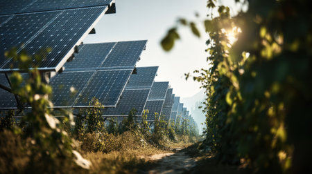 This image captures a row of solar panels within a vineyard, illuminated by the morning sun, symbolizing the integration of renewable energy in agricultural practices.の素材