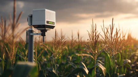 A sophisticated monitoring device stands in a vibrant cornfield at sunset. This technology enhances crop management, supporting sustainable agriculture through advanced data collection and analysis.の素材