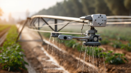 An advanced irrigation system sprays water over fresh green crops in an agricultural field, highlighting farming technology and sustainability at sunrise.の素材