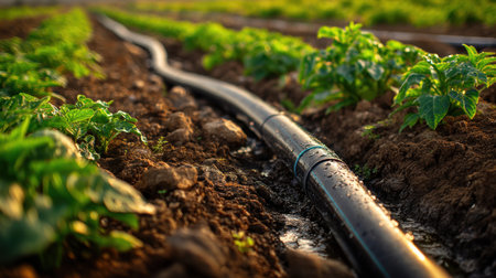 Close view of a black irrigation pipe in an agricultural field surrounded by vibrant green plants and rich brown soil under sunlight.の素材