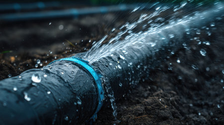 A close-up view of a leaking black plastic pipe, with water spraying out and landing on soil in a garden. This image captures the dynamic motion of water in a natural setting.の素材