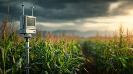 A smart agriculture technology device positioned in a cornfield, capturing crucial data on crop growth during a dramatic sunset. The image showcases innovation in rural landscapes and the future of sustainable farming practices.の素材