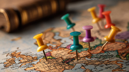 A collection of colorful pushpins decorates a vintage map of Europe, highlighting travel destinations. A gavel rests in the background, suggesting planning and decision-making.の素材