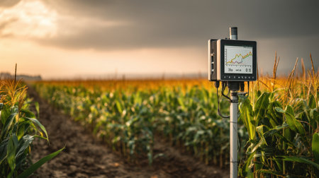 A monitor displays crop growth data amidst a vibrant corn field during sunset, highlighting the fusion of technology and agriculture in rural landscapes.の素材