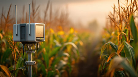 This image showcases modern agricultural technology positioned in a vibrant cornfield at dawn, emphasizing innovation in farming practices and crop monitoring.の素材
